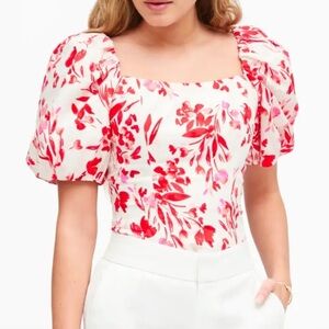 Banana Republic Red and White Floral Puff Sleeve Crop Top Linen Blend Size M